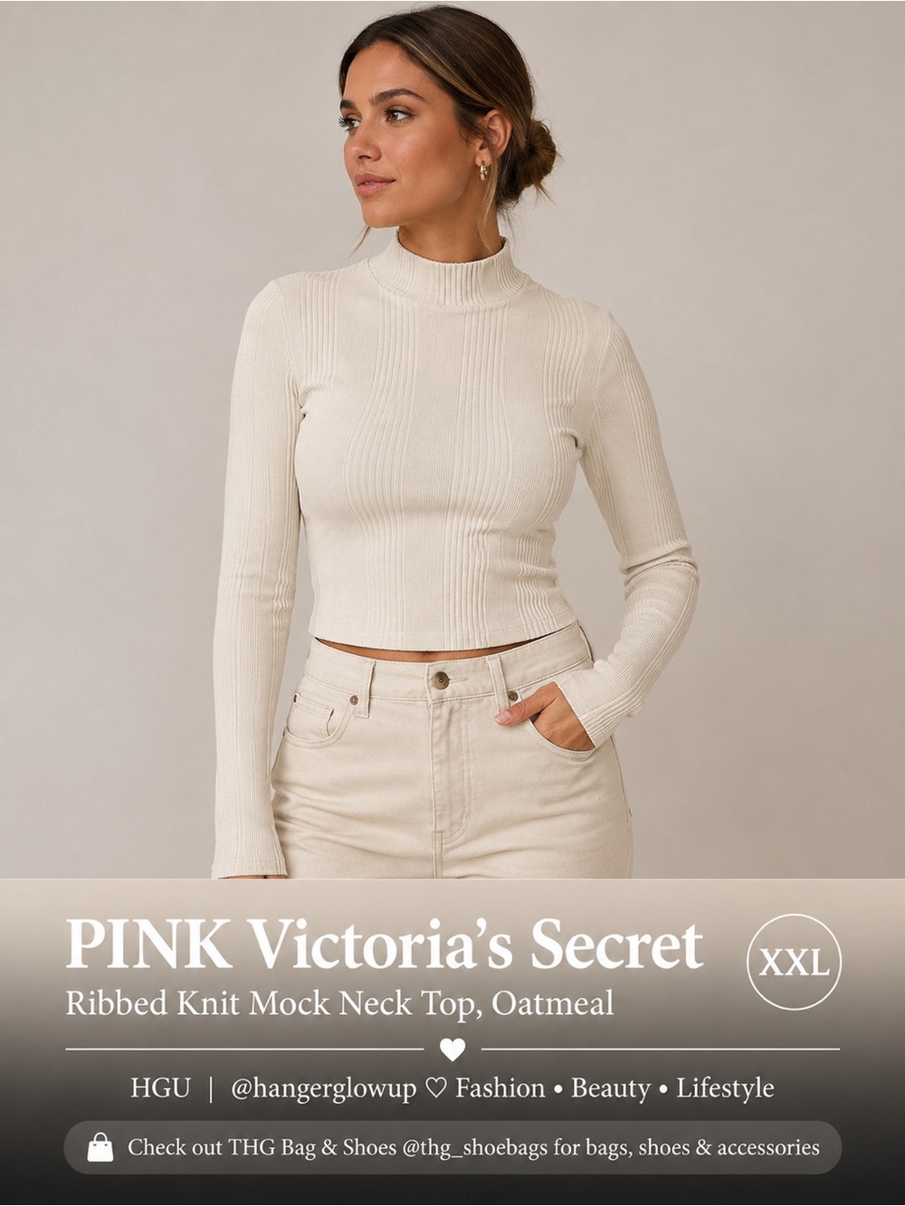 PINK Victoria’s Secret Ribbed Mock Neck Long Sleeve Top XXL NWT Cream